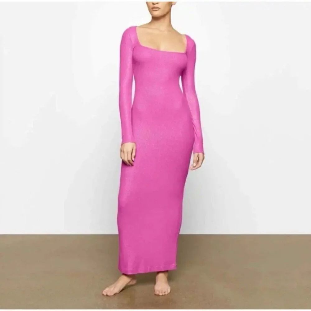 Skims Limited Edition Luxe Fuchsia Shimmer Foil Long Sleeve Maxi Dress Xs